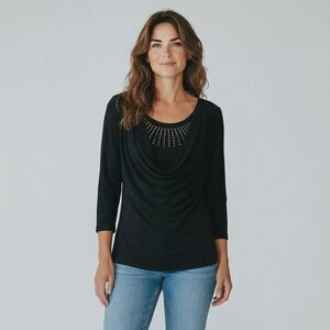 Candid Soul Solid Black Drape-Front Studded Neck Top Quarter Sleeve Blouse XL